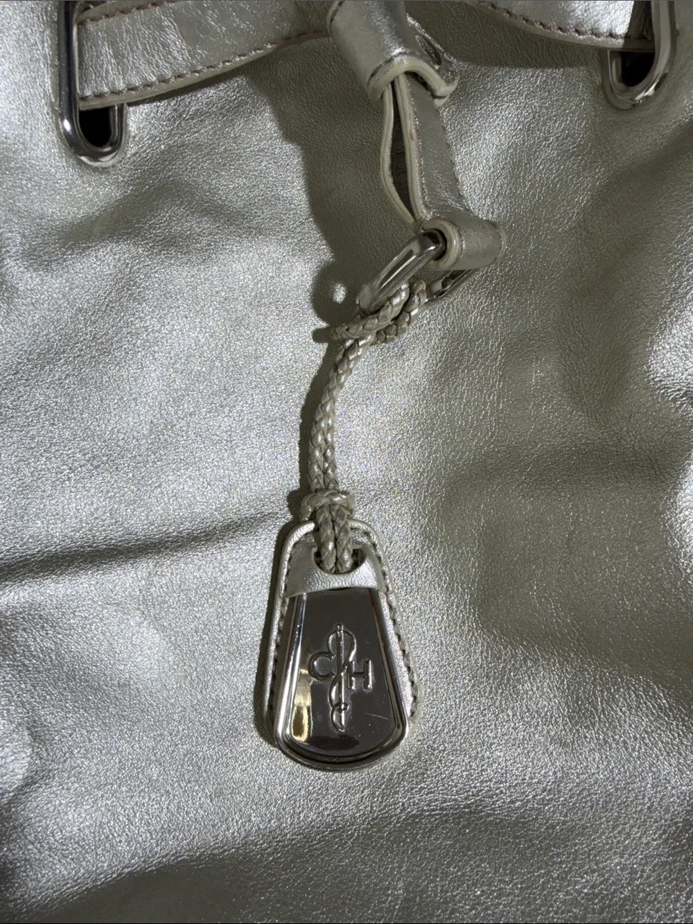 Cole Haan Metallic Silver Leather Drawstring Bucket Bag